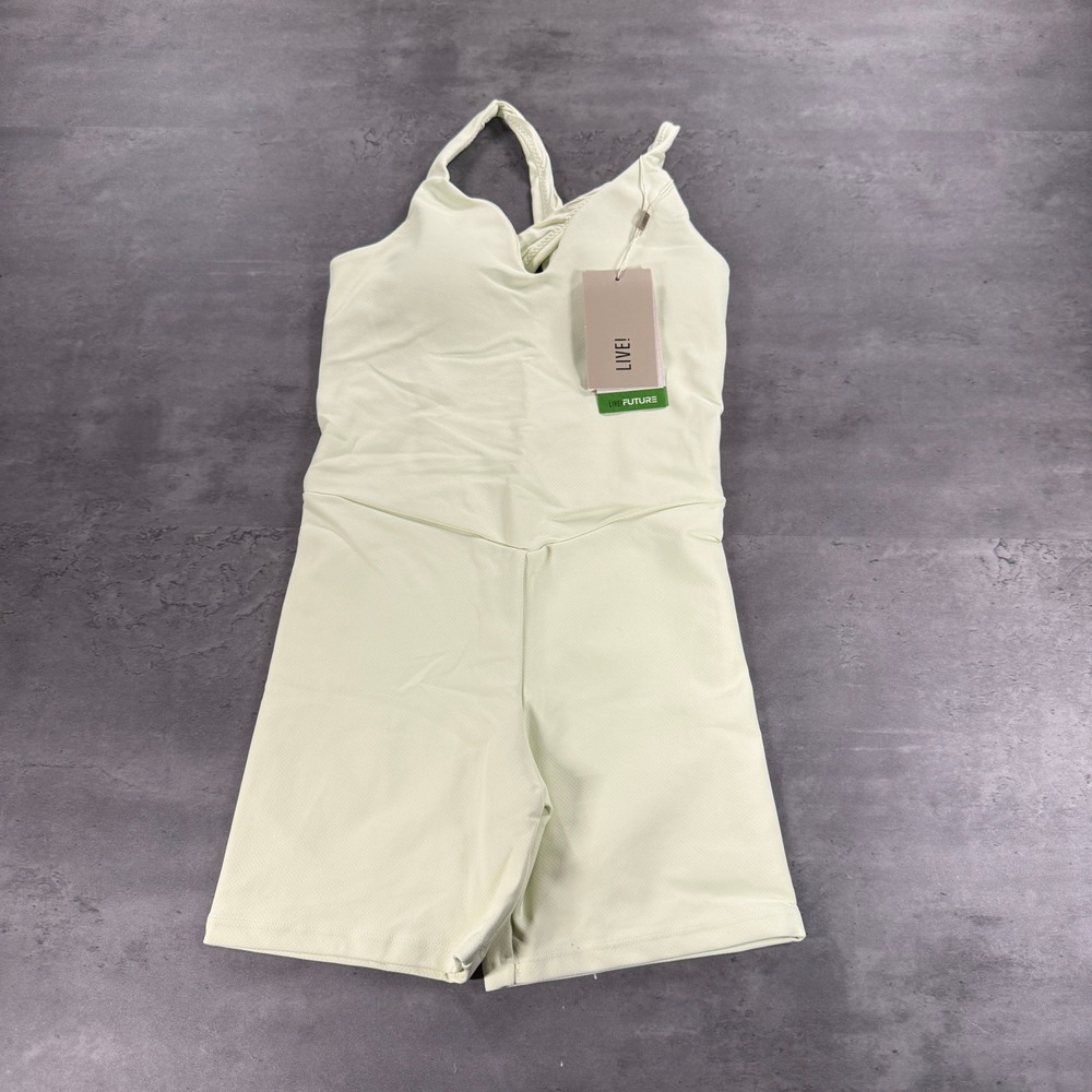LIVE! Bodysuit Womens L Flowstate Tex Green Textured Cross Back NEW Yoga Gym - Picture 2 of 8